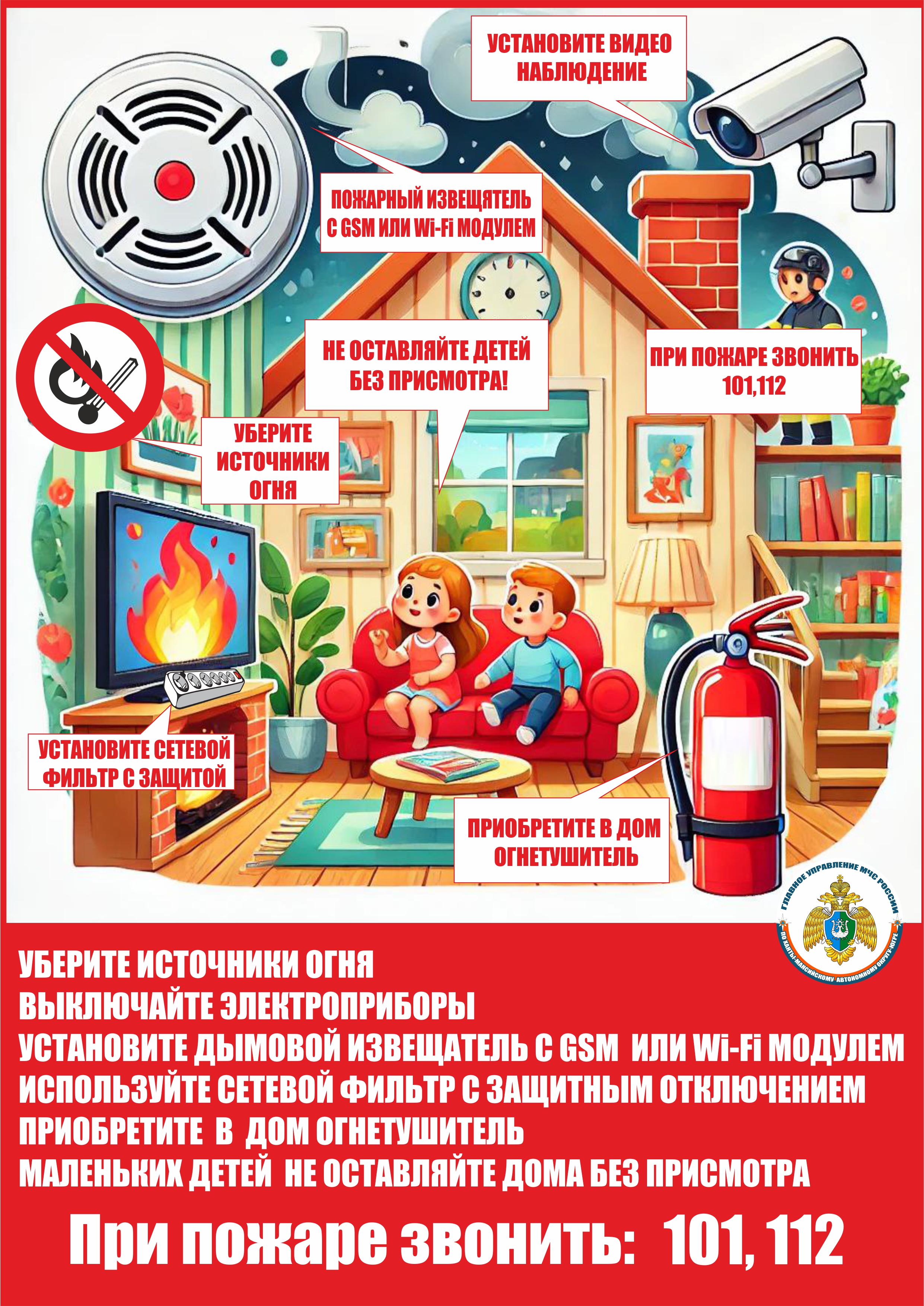 Памятка пожарной безопасности! Уберите источники огня, выключите электроприборы, установите дымовой извещатель с GSM или WI-FI модулем, используйте сетевой фильтр с защитным отключением, приобретите в дом огнетушитель, маленьких детей не оставляйте дома без присмотра. При пожаре звонить: 101, 112